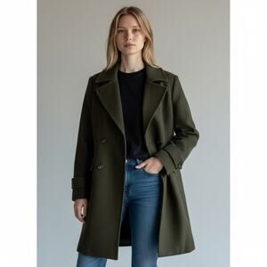 ANNE KLEIN COAT Double-Breasted Peacoat Cashmere blend, Olive GREEN 14
